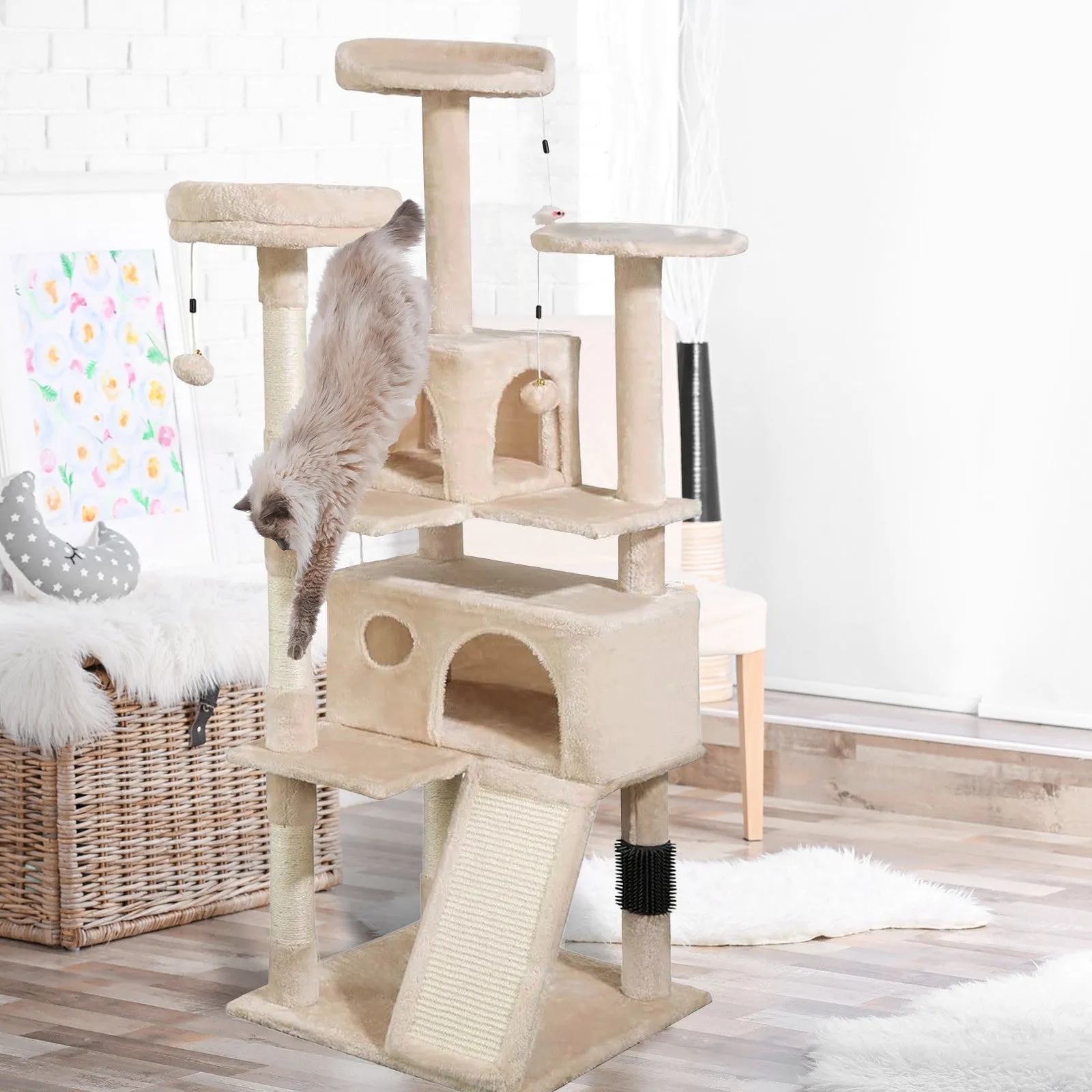 4Paws Cat Tree Scratching Post House Furniture Bed | Luxury Plush Play | 152cm | Beige