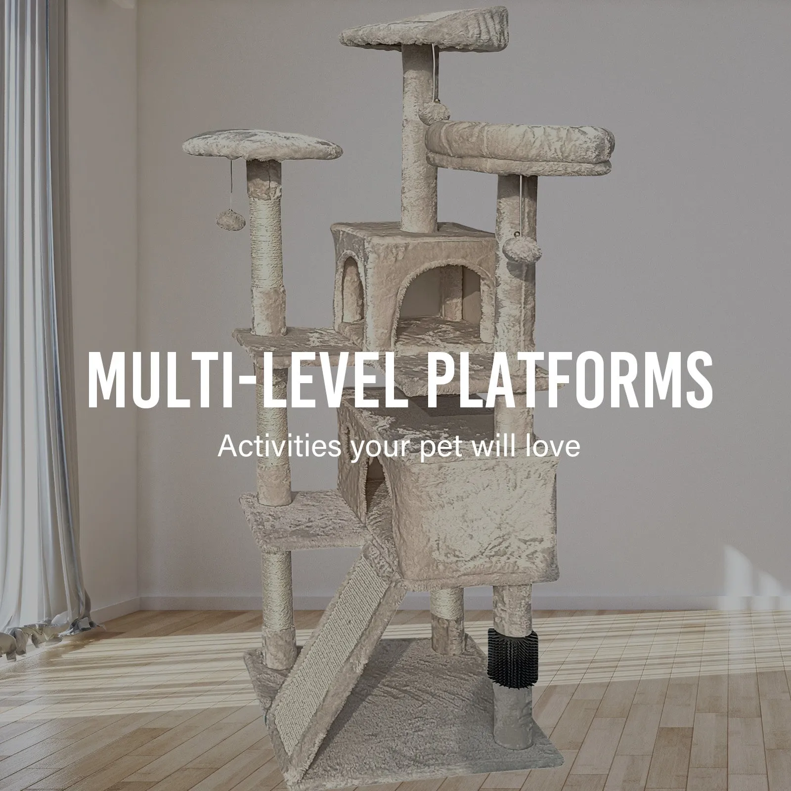 4Paws Cat Tree Scratching Post House Furniture Bed | Luxury Plush Play | 152cm | Beige