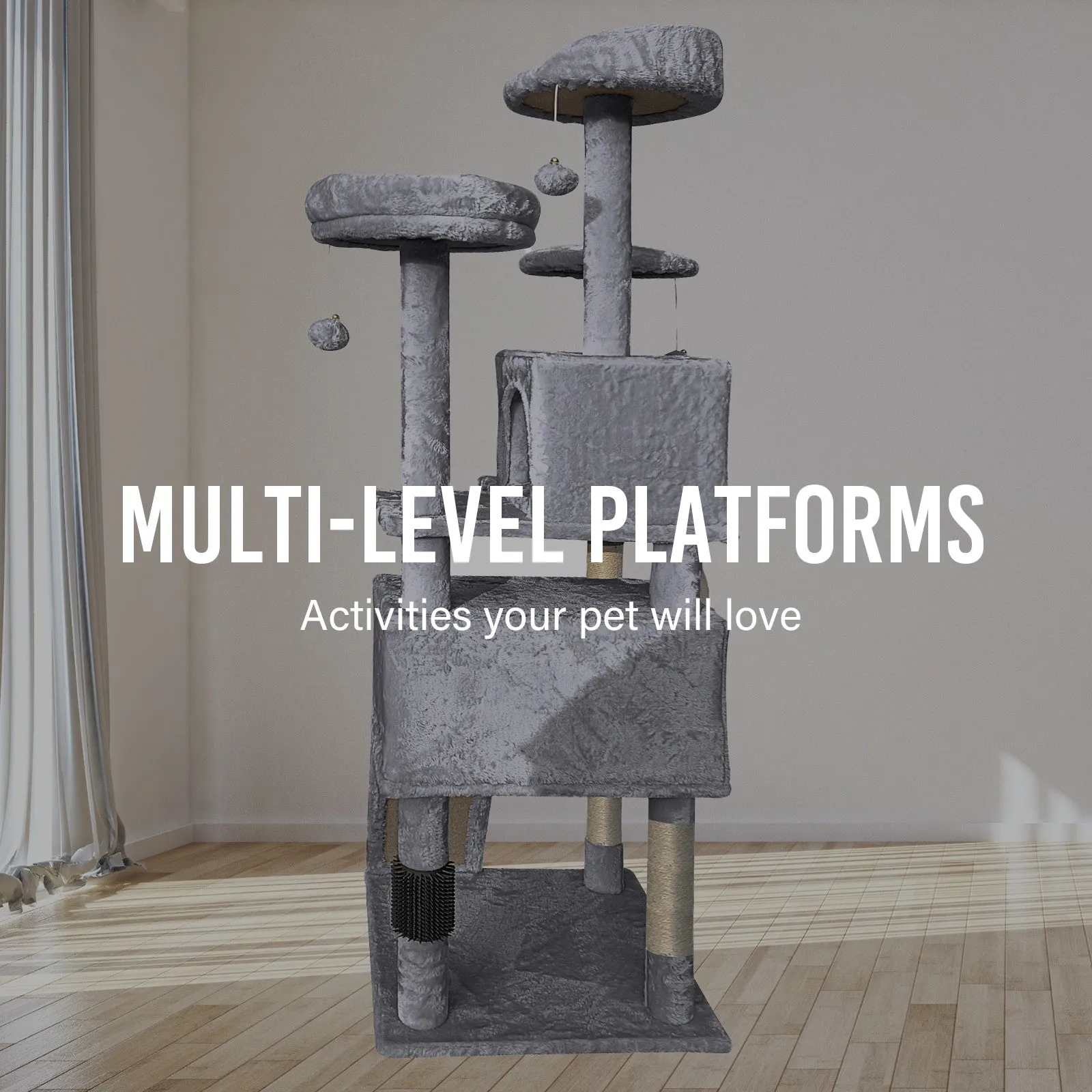 4Paws Cat Tree Scratching Post House Furniture Bed | Luxury Plush Play | 152cm | Grey