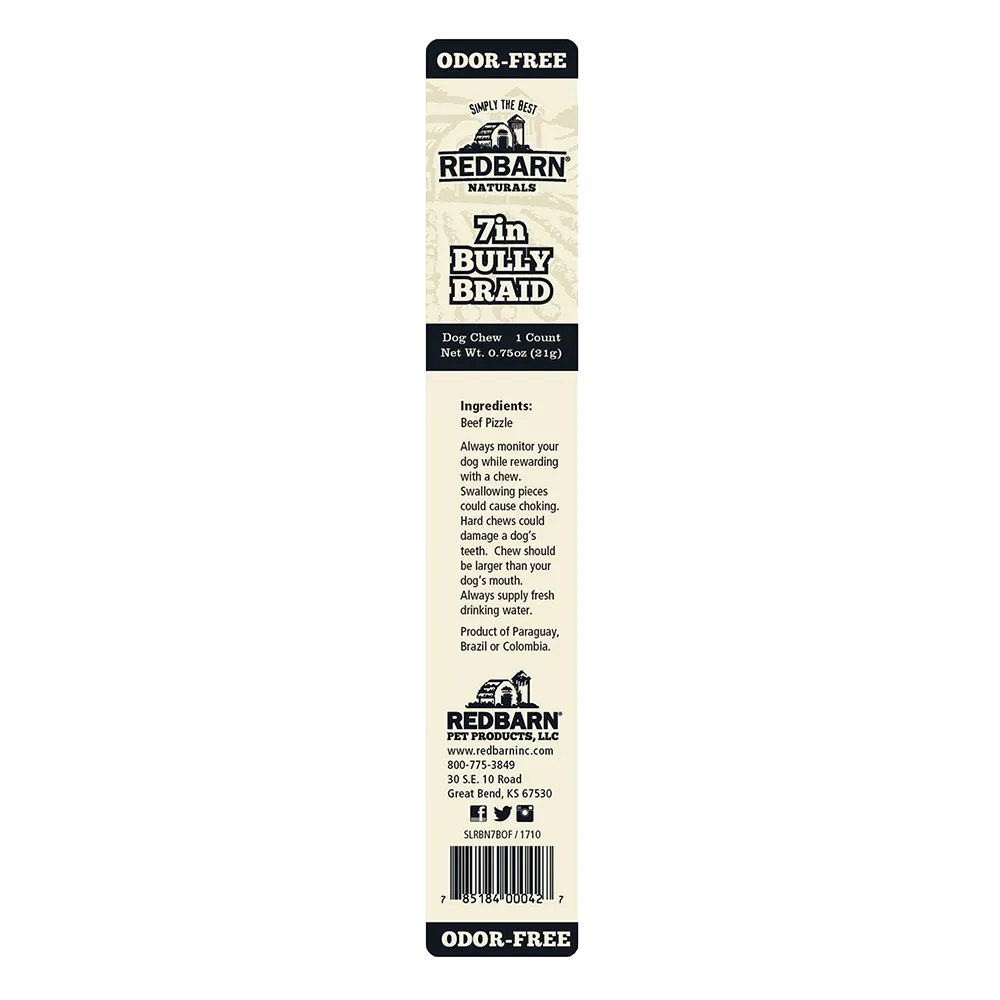Redbarn Odor-Free Braided Bully Stick Dog Treat, 7in